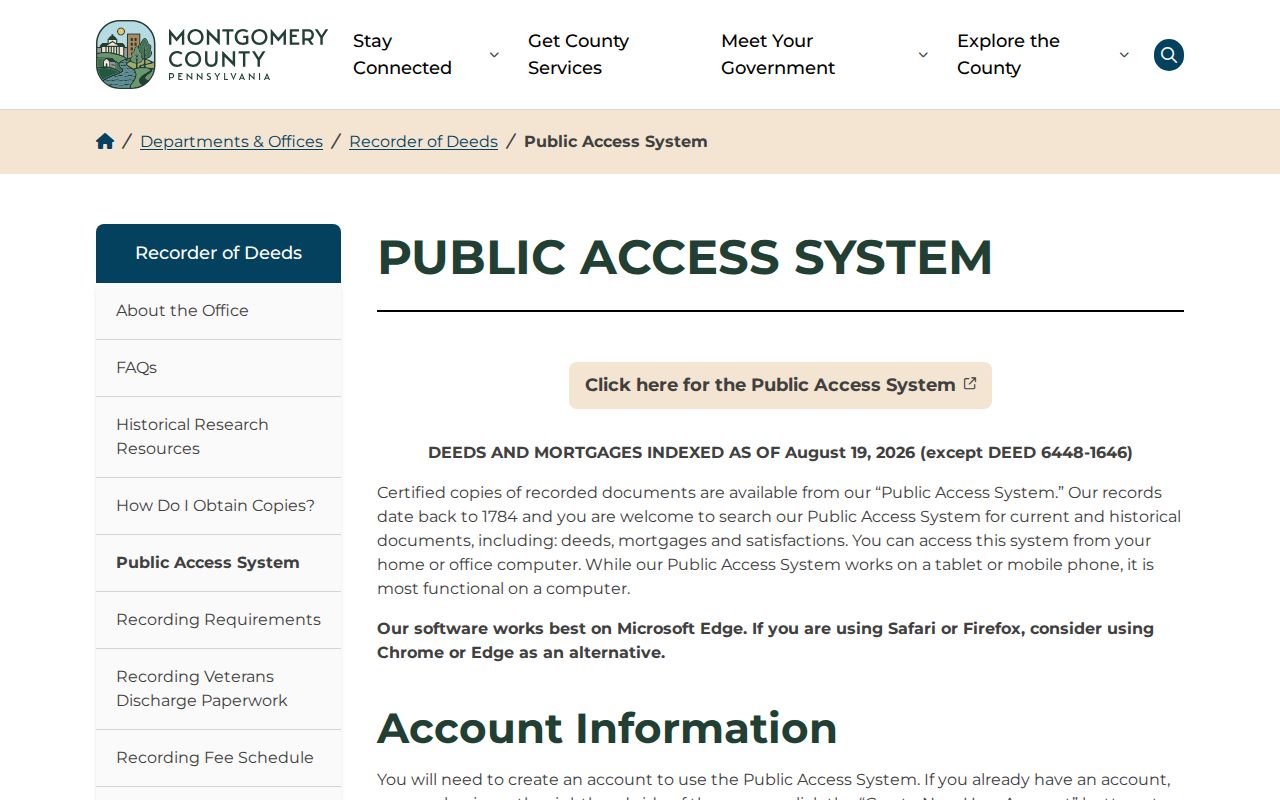 Pottstown previous residents deed research through the Montgomery County Recorder public access system